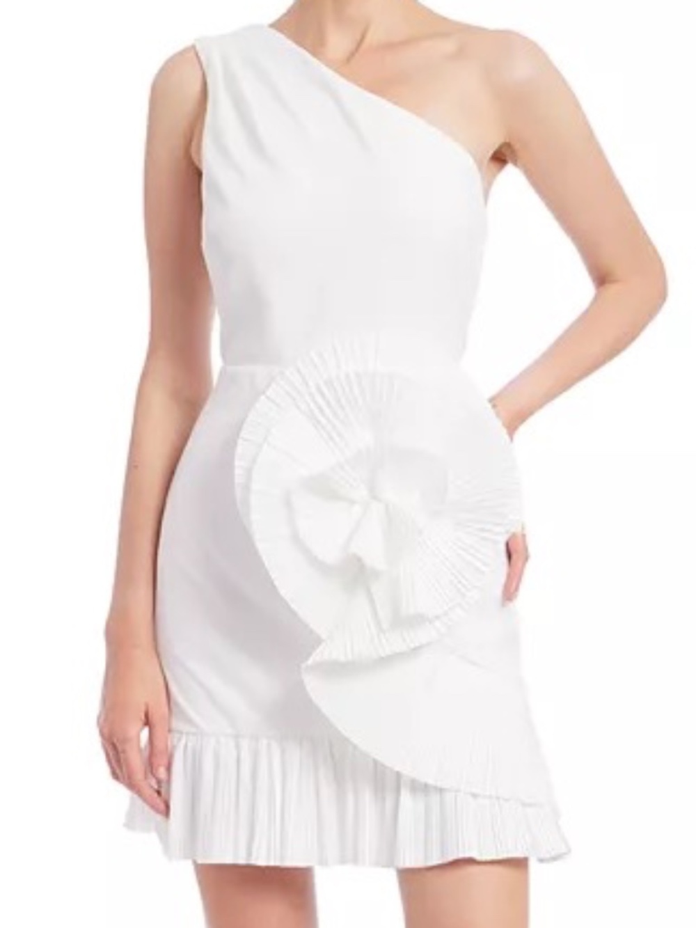 Jewel Badgley Mischka Women's One-Shoulder Pleated Rosette Sheath Dress